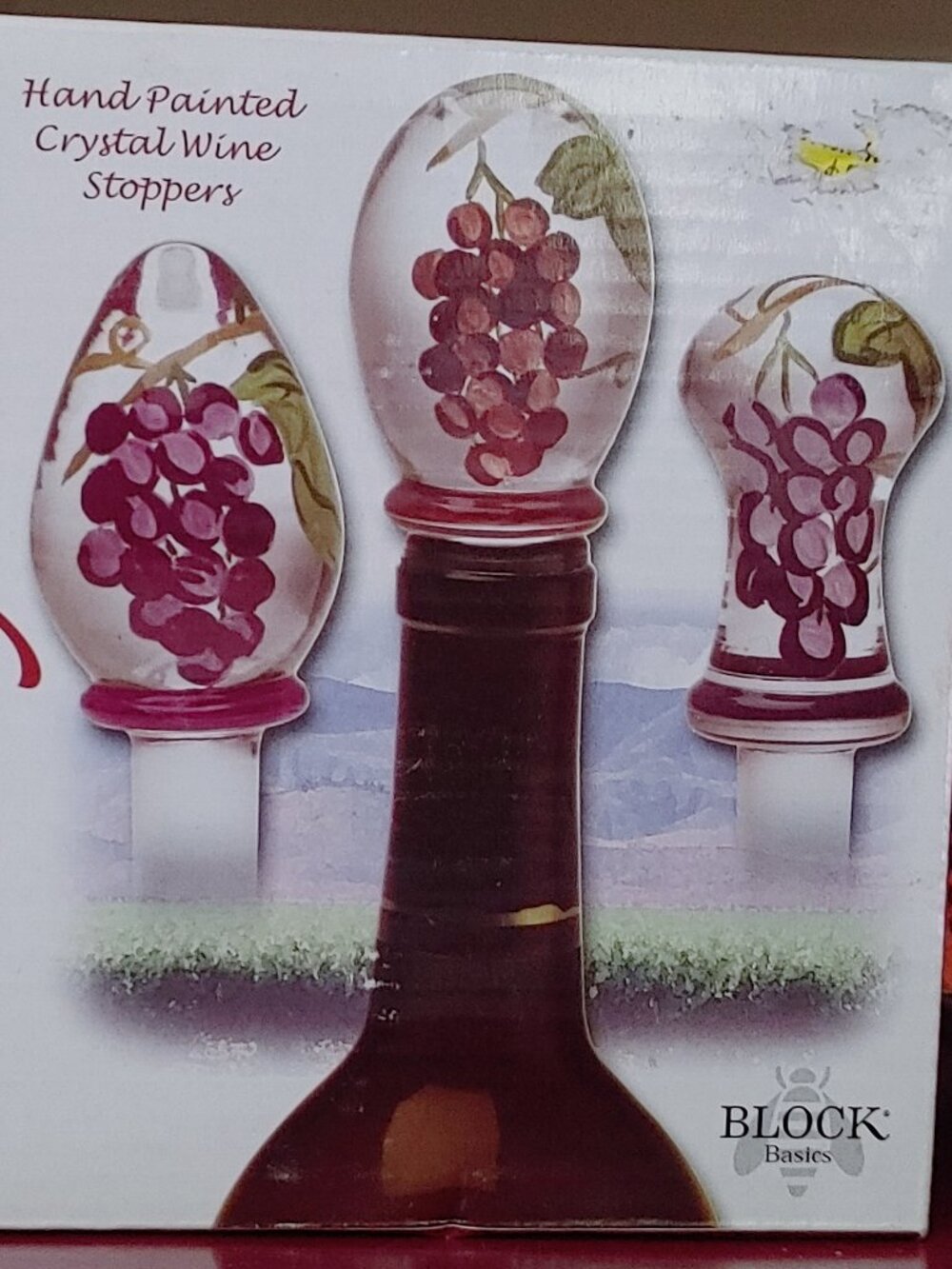 Set of Two Wine Bottle Stoppers Hand Painted Crystal Long Glass Stem Vineyard